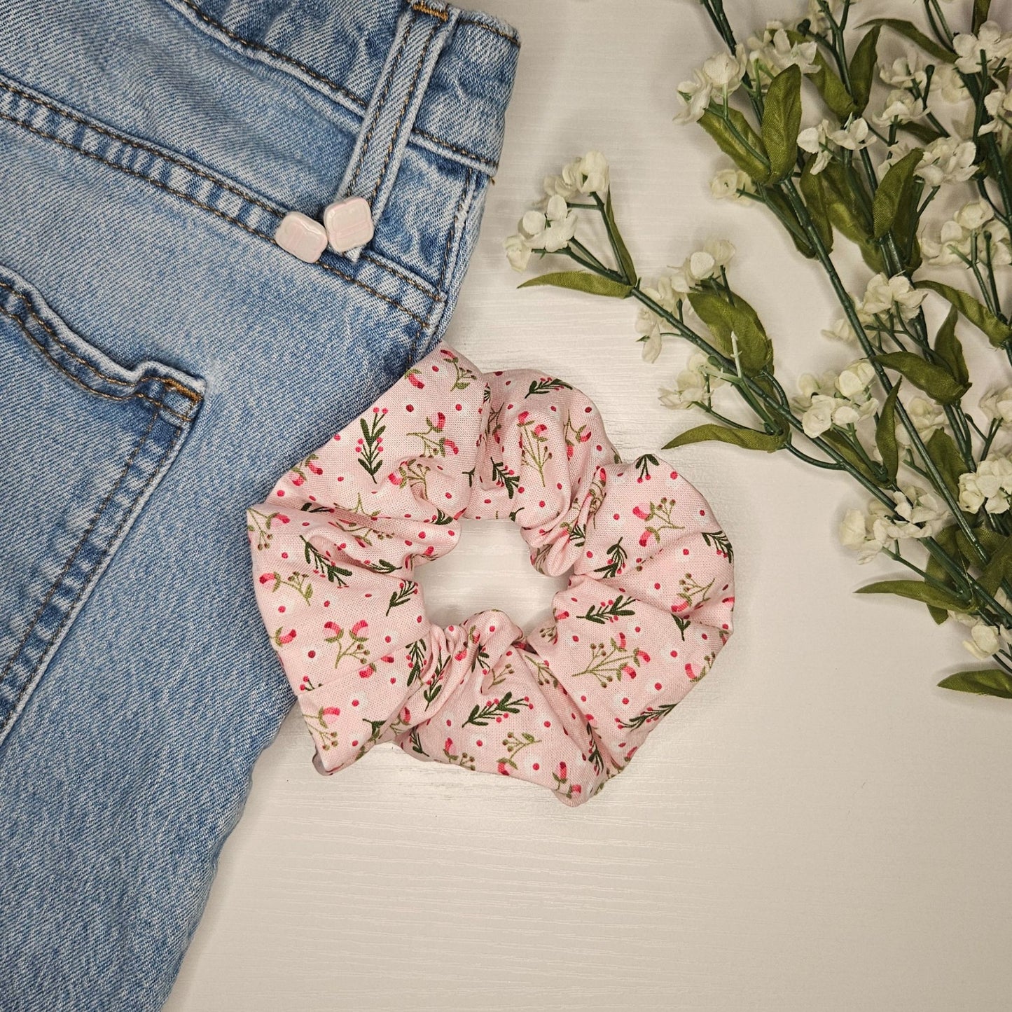 light pink floral scrunchie handmade hair accessory