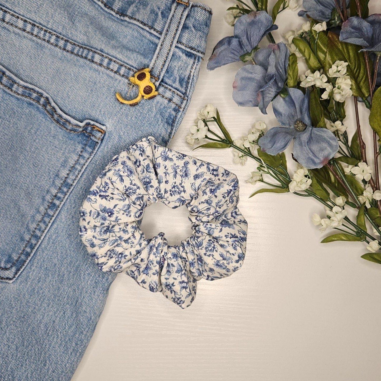 light blue floral scrunchie handmade hair accessory