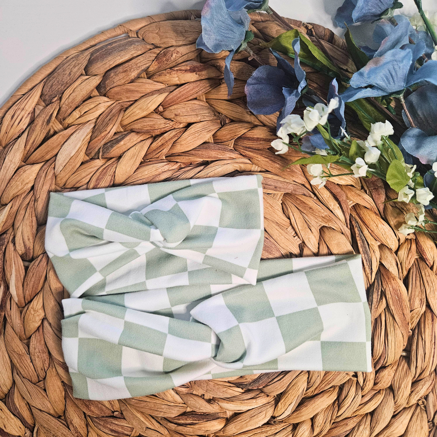 Green gingham baby headband for toddlers — soft knit accessory