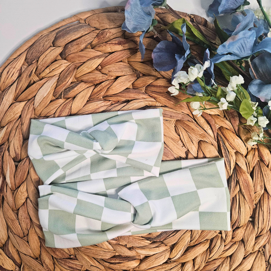Green gingham baby headband for toddlers — soft knit accessory